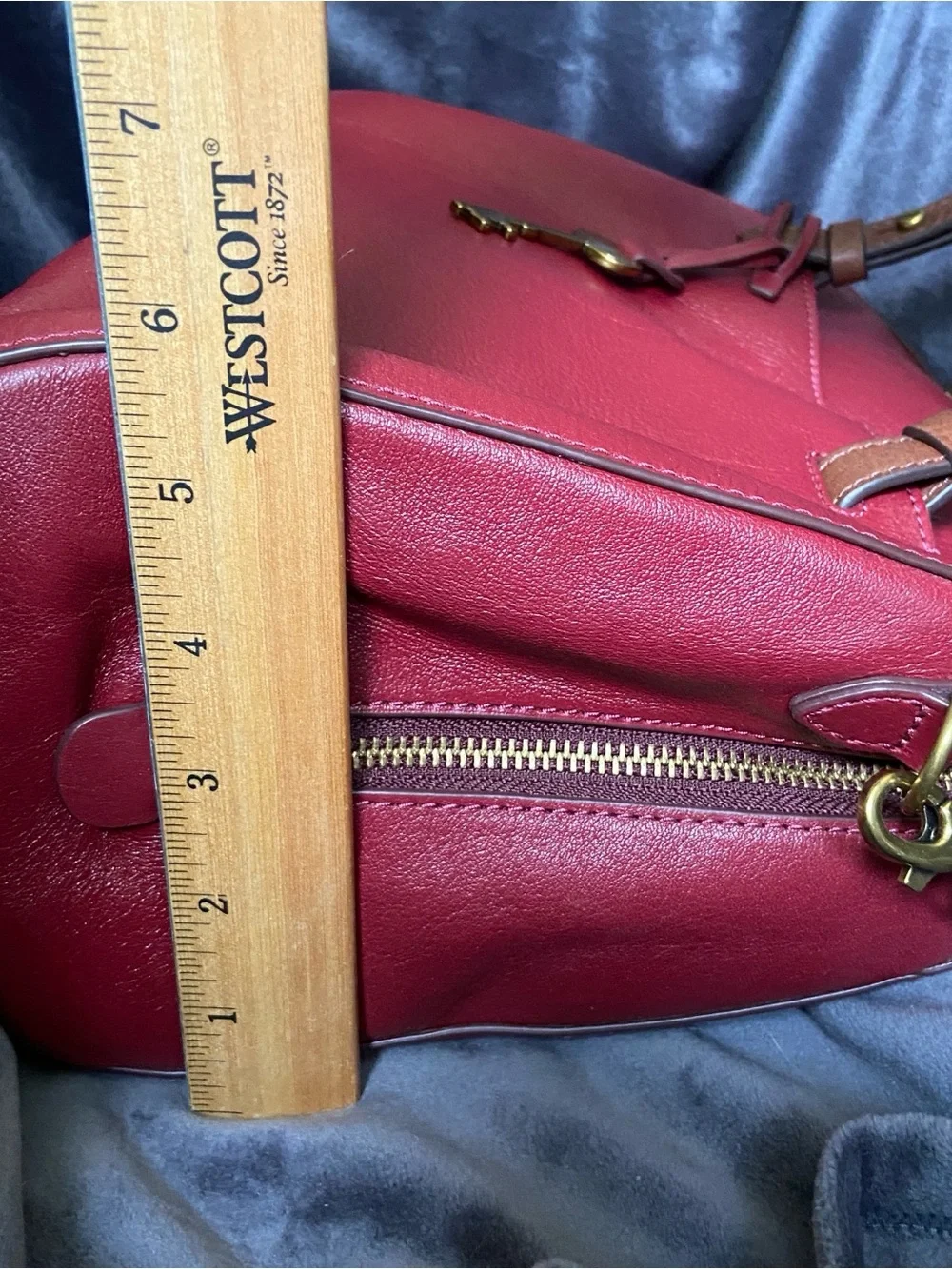 Fossil Rachel Leather Satchel Red Burgundy Crossbody Brown Handles Key Charm